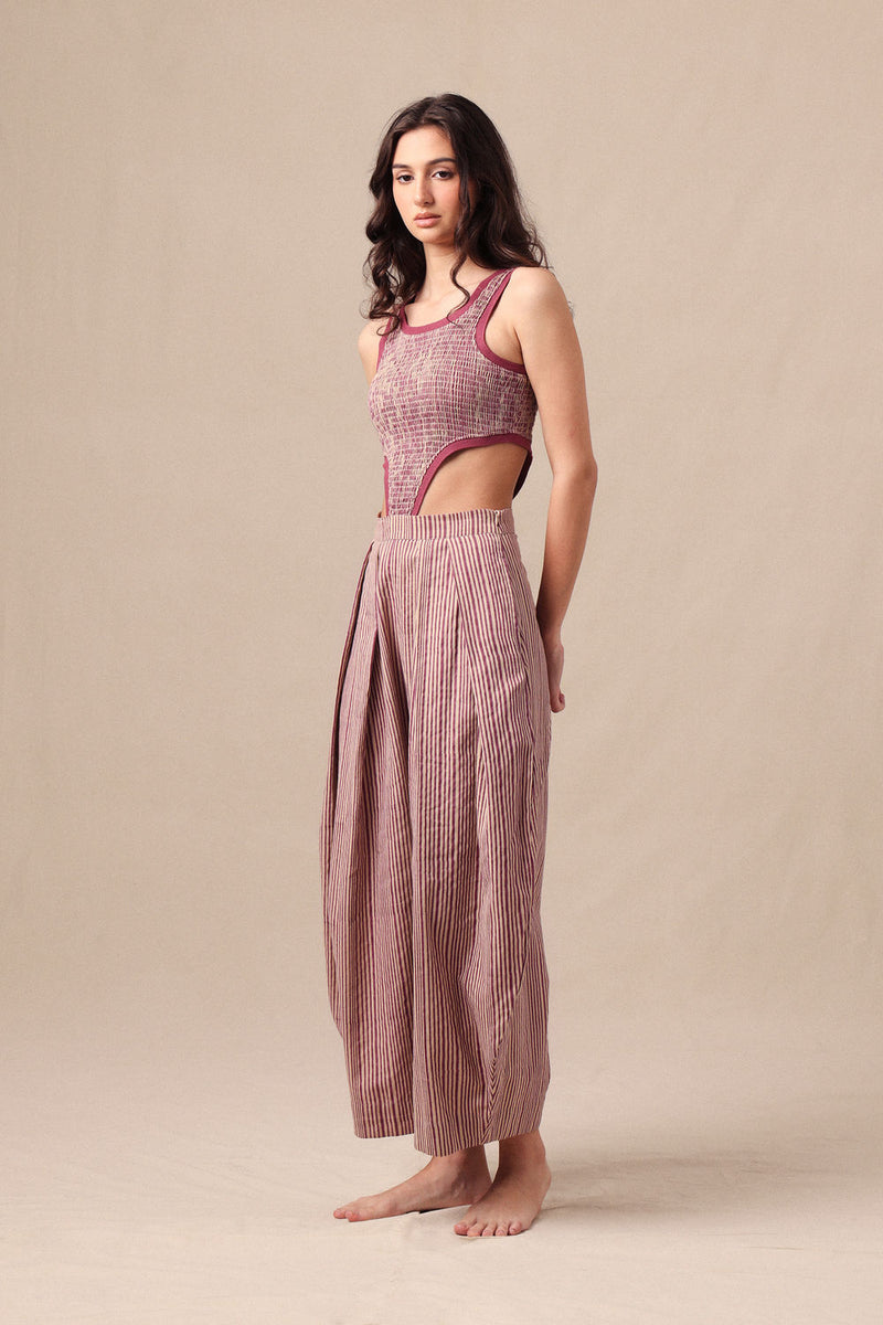 Mauve Striped Bodysuit & Barrel Pants Co-Ord Set (2 PCS) cotton co-ord set by Mati in mauve for women Worldwide