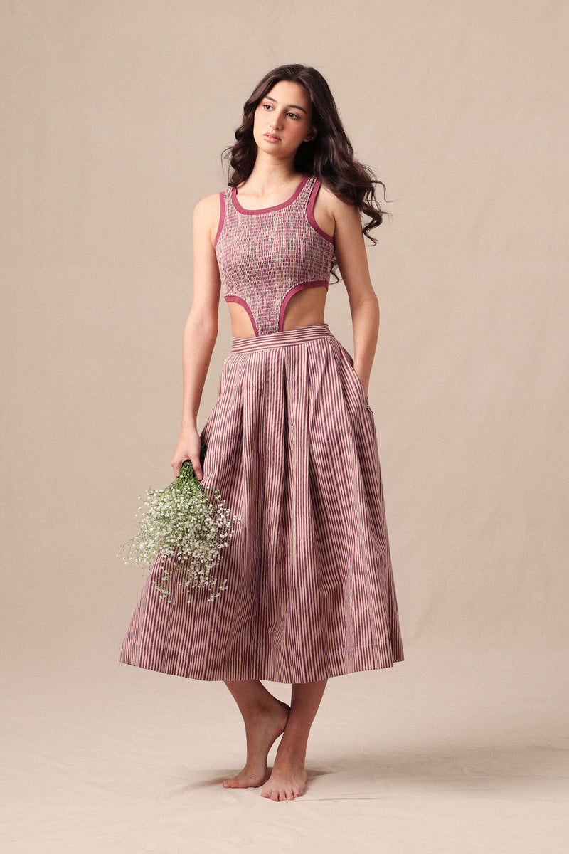 Mauve Striped Bodysuit & Box Pleated Skirt Co-Ord Set (2 PCS) cotton co-ord set by Mati in mauve for women Worldwide