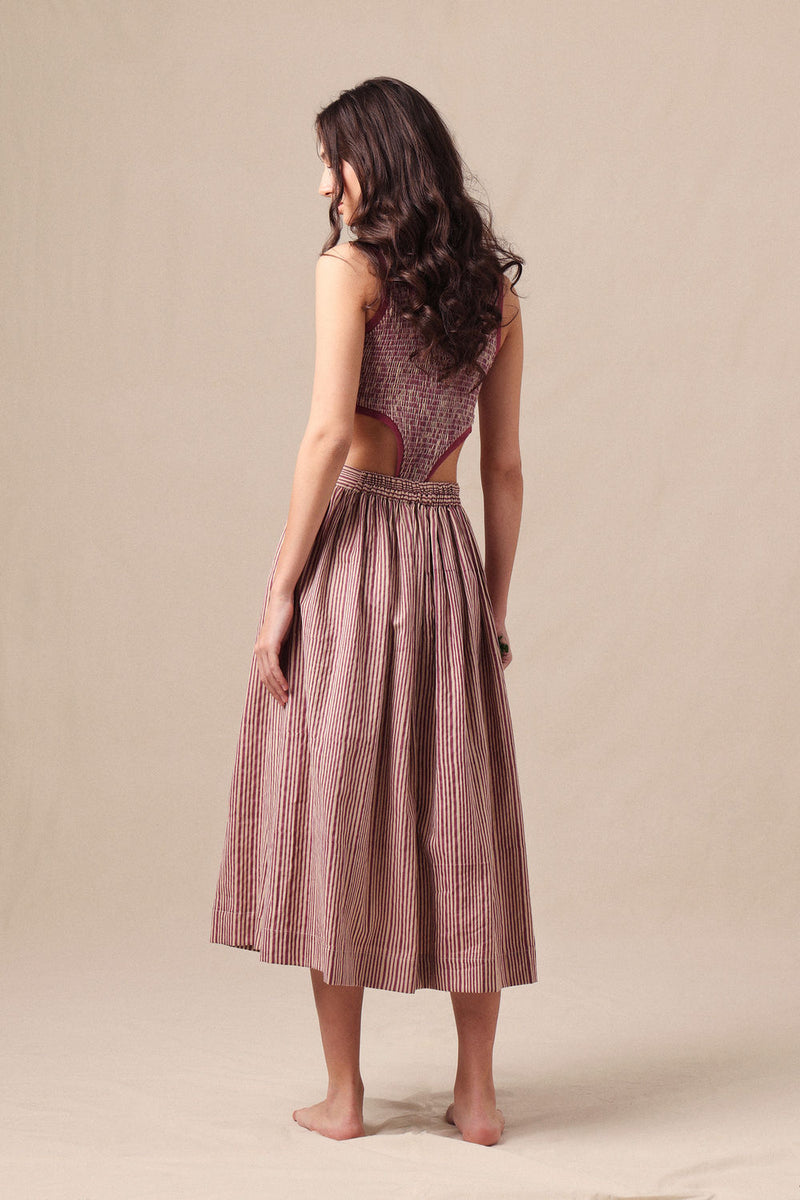 Mauve Striped Bodysuit & Box Pleated Skirt Co-Ord Set (2 PCS) cotton co-ord set by Mati in mauve for women Worldwide