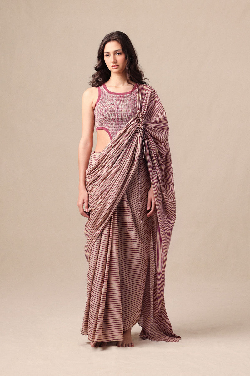 Mauve Striped Bodysuit & Drawstring Mul Saree Set (2 PCS) cotton saree by Mati in mauve for women Worldwide