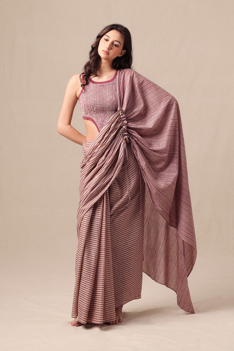 Mauve Striped Bodysuit & Drawstring Mul Saree Set (2 PCS) cotton saree by Mati in mauve for women Worldwide