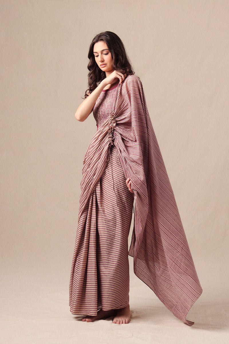 Mauve Striped Bodysuit & Drawstring Mul Saree Set (2 PCS) cotton saree by Mati in mauve for women Worldwide