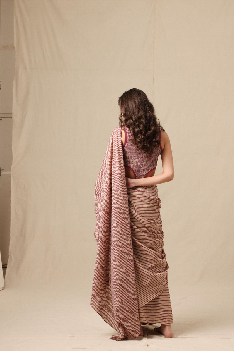 Mauve Striped Bodysuit & Drawstring Mul Saree Set (2 PCS) cotton saree by Mati in mauve for women Worldwide