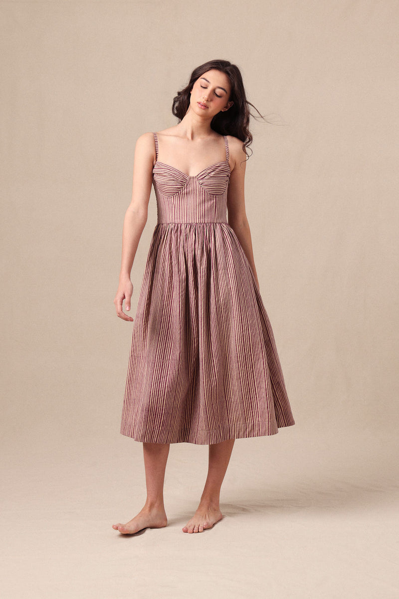 Mauve Striped Corset Dress cotton dress by Mati in mauve for women Worldwide