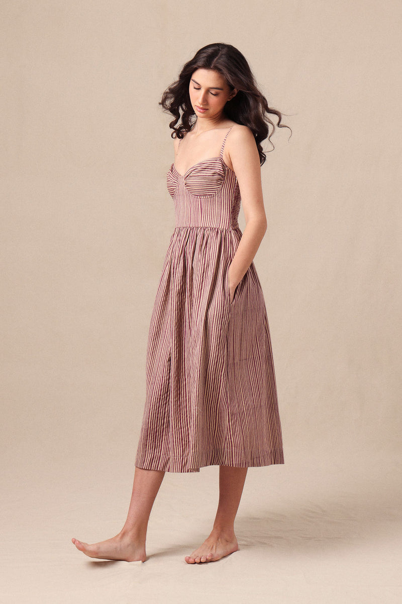 Mauve Striped Corset Dress cotton dress by Mati in mauve for women Worldwide