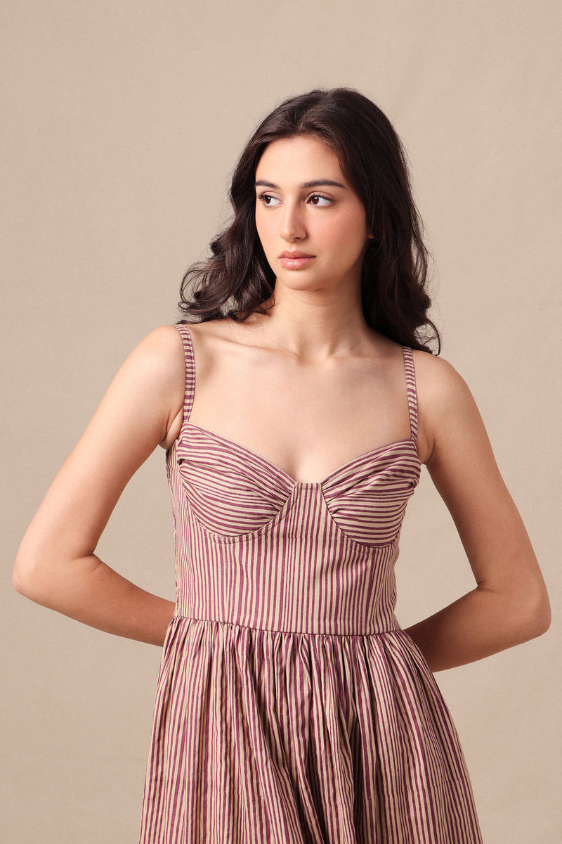 Mauve Striped Corset Dress cotton dress by Mati in mauve for women Worldwide