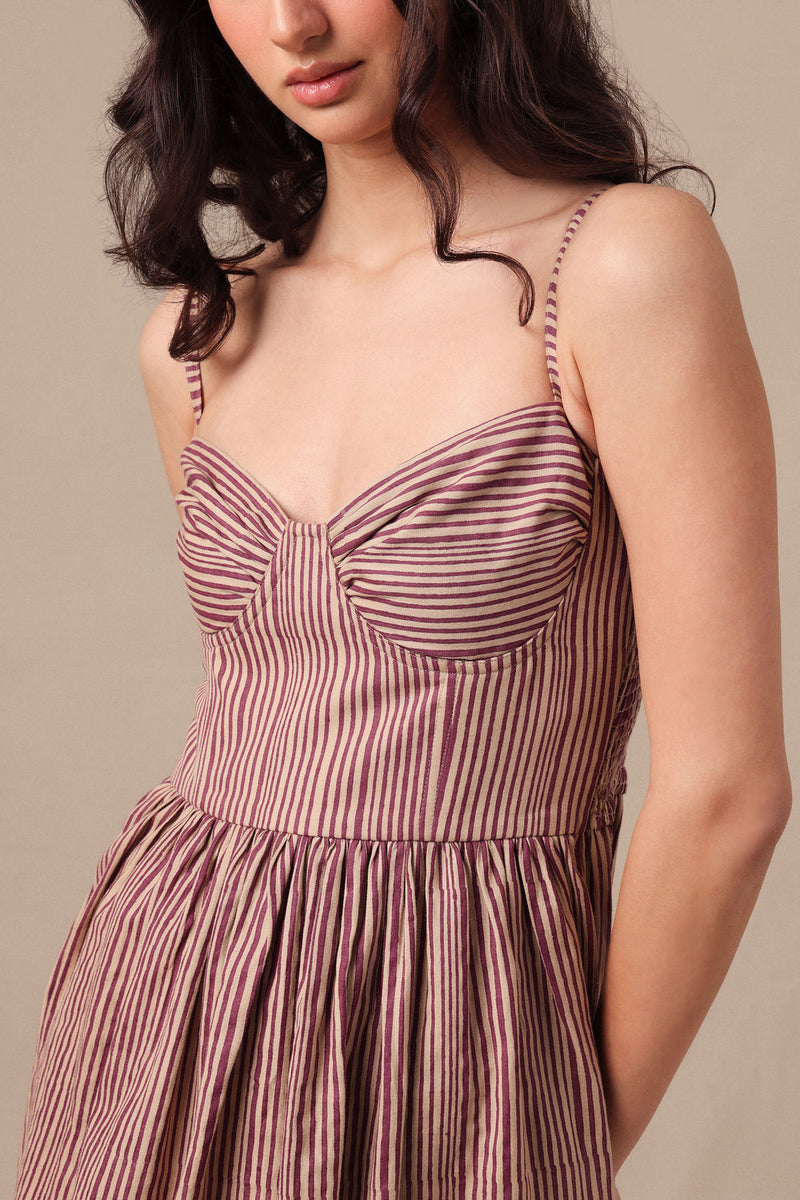 Mauve Striped Corset Dress cotton dress by Mati in mauve for women Worldwide