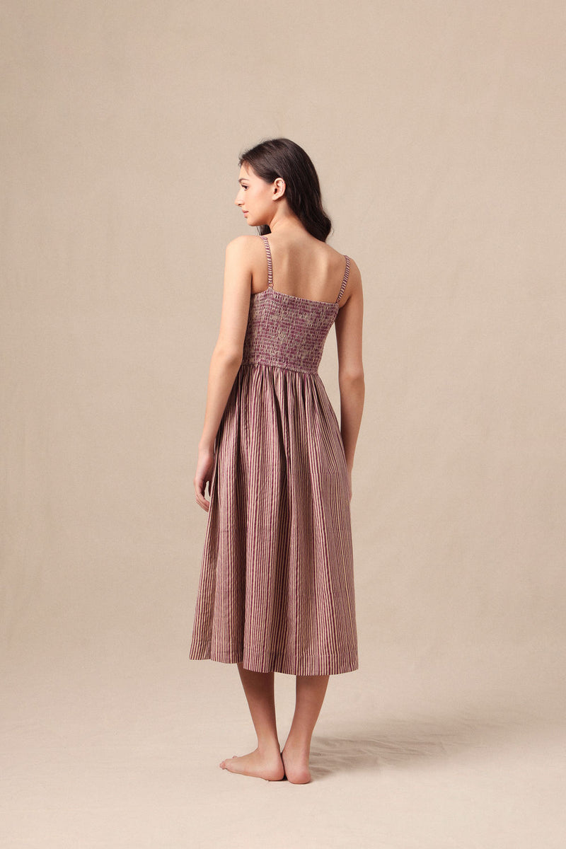 Mauve Striped Corset Dress cotton dress by Mati in mauve for women Worldwide