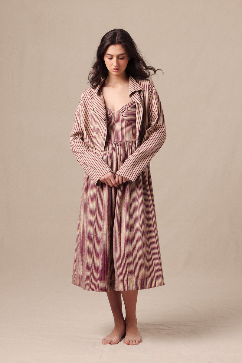 Mauve Striped Corset Dress & Crop Jacket Set (2 PCS) cotton dress by Mati in mauve for women Worldwide