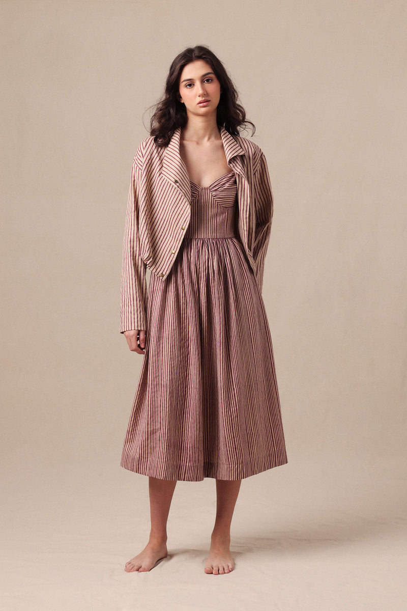 Mauve Striped Corset Dress & Crop Jacket Set (2 PCS) cotton dress by Mati in mauve for women Worldwide
