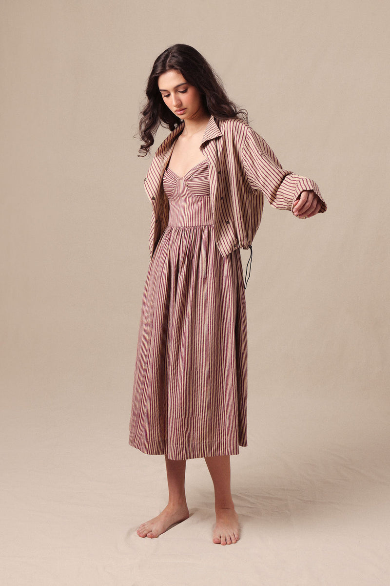 Mauve Striped Corset Dress & Crop Jacket Set (2 PCS) cotton dress by Mati in mauve for women Worldwide