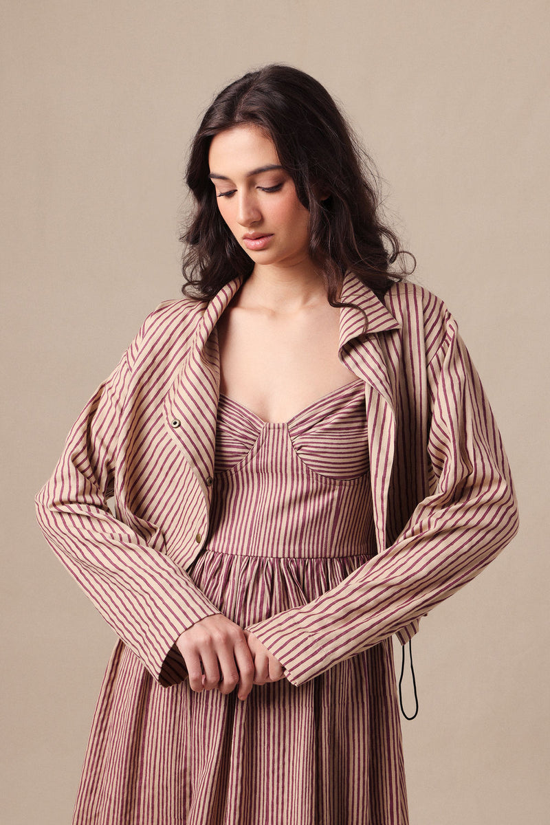 Mauve Striped Corset Dress & Crop Jacket Set (2 PCS) cotton dress by Mati in mauve for women Worldwide