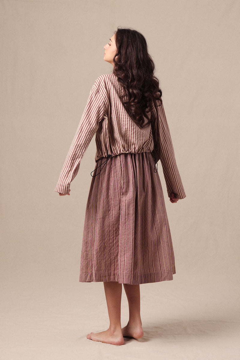 Mauve Striped Corset Dress & Crop Jacket Set (2 PCS) cotton dress by Mati in mauve for women Worldwide