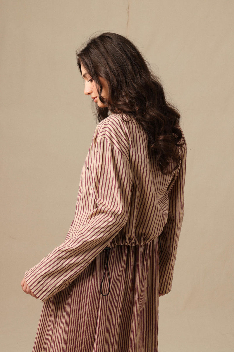 Mauve Striped Corset Dress & Crop Jacket Set (2 PCS) cotton dress by Mati in mauve for women Worldwide