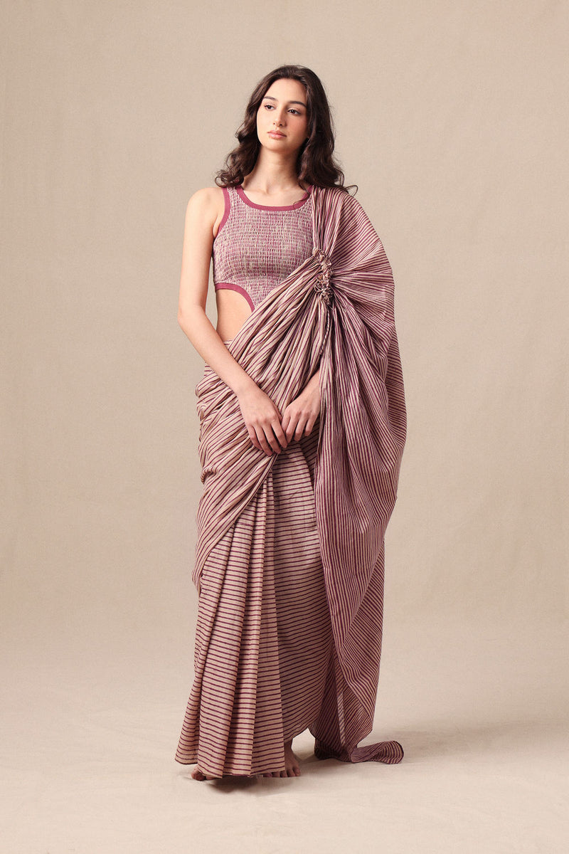 Mauve Striped Drawstring Mul Saree cotton saree by Mati in mauve for women Worldwide