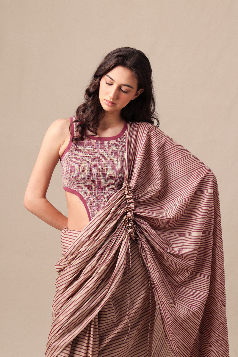 Mauve Striped Drawstring Mul Saree cotton saree by Mati in mauve for women Worldwide