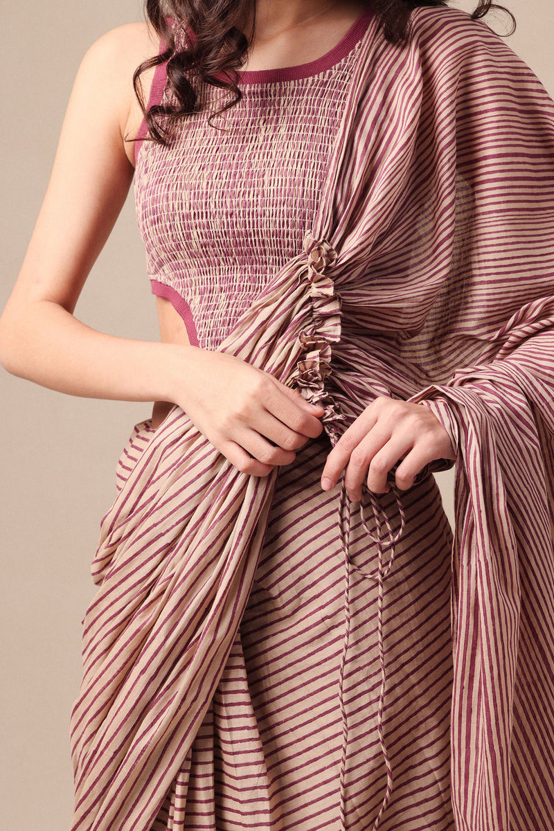 Mauve Striped Drawstring Mul Saree cotton saree by Mati in mauve for women Worldwide