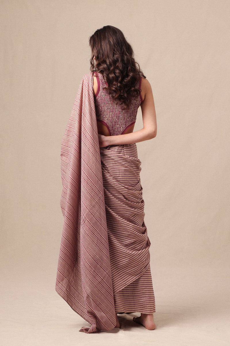 Mauve Striped Drawstring Mul Saree cotton saree by Mati in mauve for women Worldwide