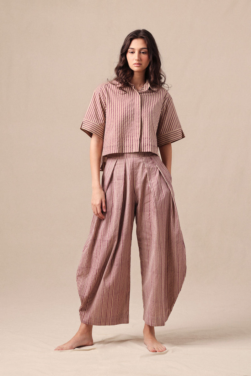 Mauve Striped Ekin Crop Shirt & Barrel Pants Co-Ord Set ( 2PCS) cotton co-ord set by Mati in mauve for women Worldwide