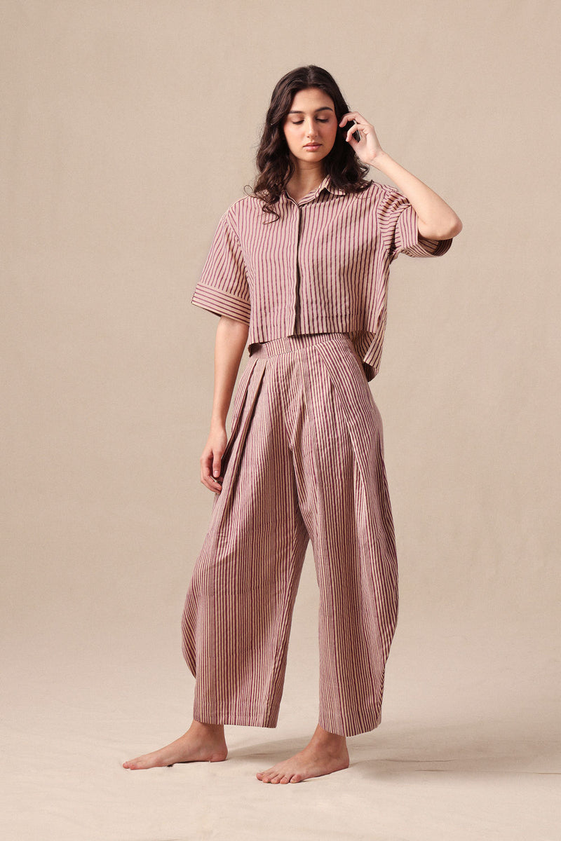 Mauve Striped Ekin Crop Shirt & Barrel Pants Co-Ord Set ( 2PCS) cotton co-ord set by Mati in mauve for women Worldwide