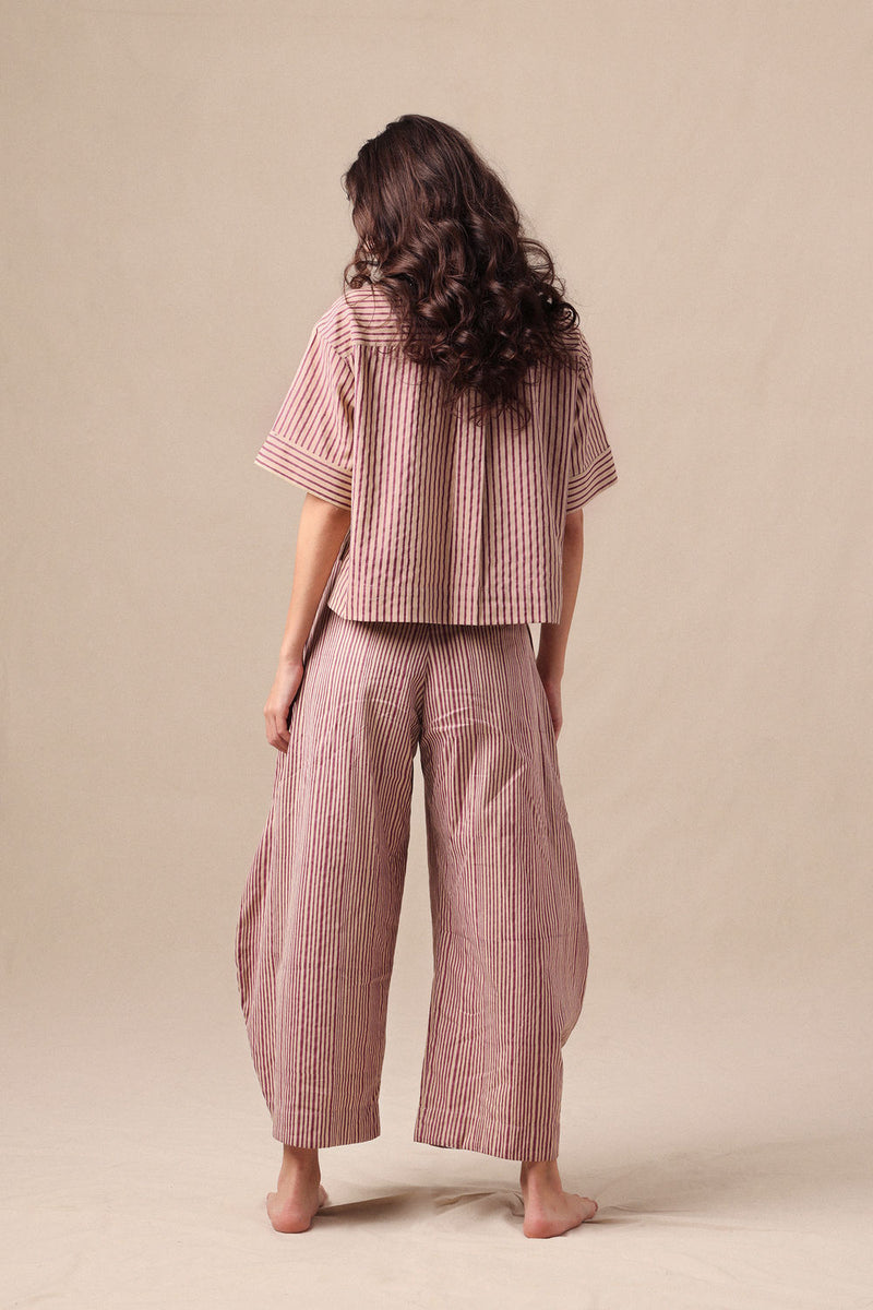 Mauve Striped Ekin Crop Shirt & Barrel Pants Co-Ord Set ( 2PCS) cotton co-ord set by Mati in mauve for women Worldwide