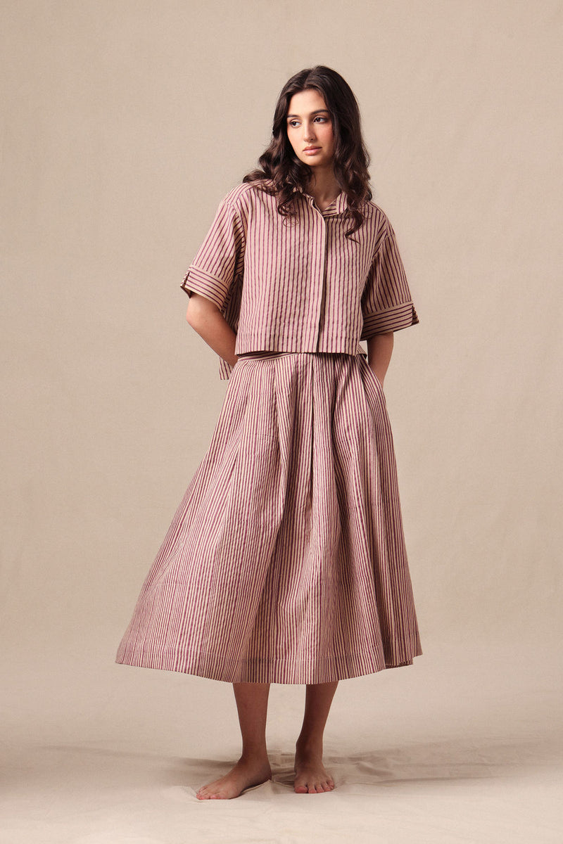 Mauve Striped Ekin Crop Shirt & Box Pleated Skirt Co-Ord Set (2 PCS) cotton co-ord set by Mati in mauve for women Worldwide