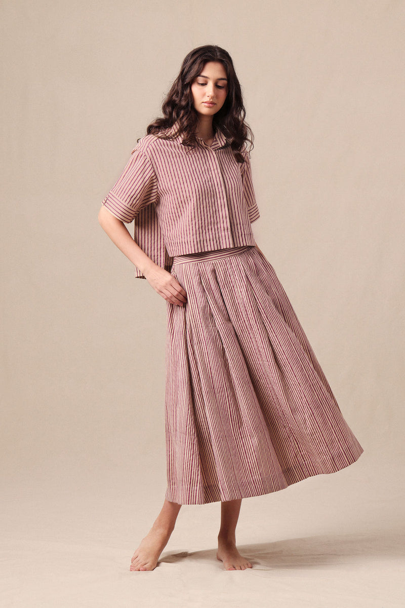 Mauve Striped Ekin Crop Shirt & Box Pleated Skirt Co-Ord Set (2 PCS) cotton co-ord set by Mati in mauve for women Worldwide