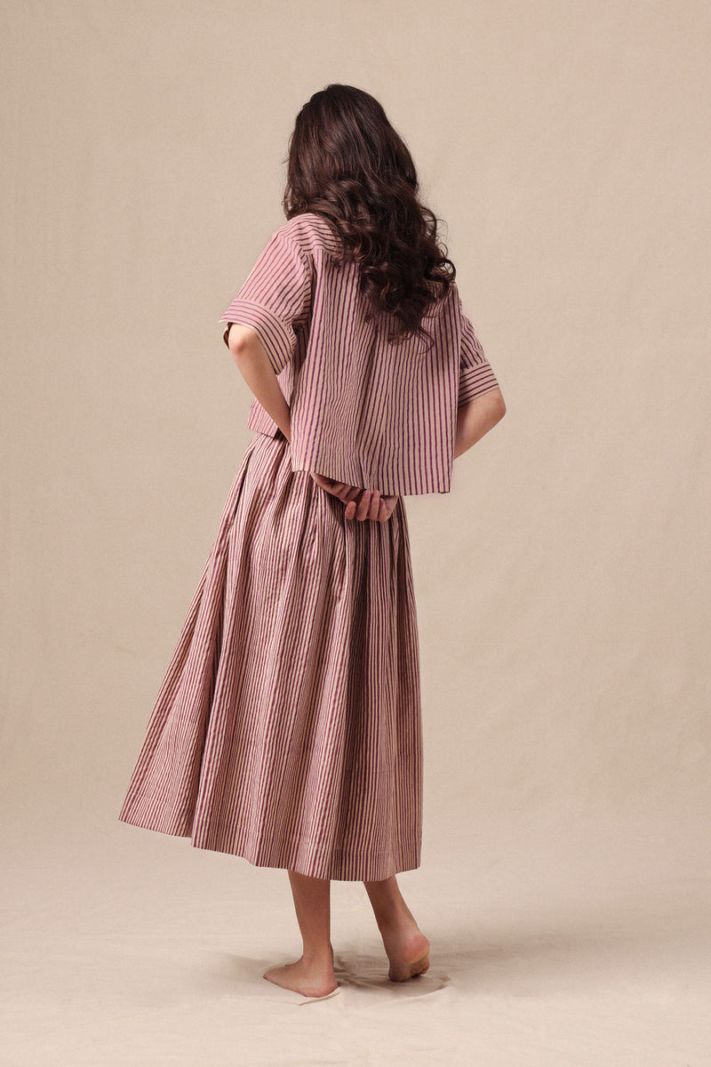 Mauve Striped Ekin Crop Shirt & Box Pleated Skirt Co-Ord Set (2 PCS) cotton co-ord set by Mati in mauve for women Worldwide