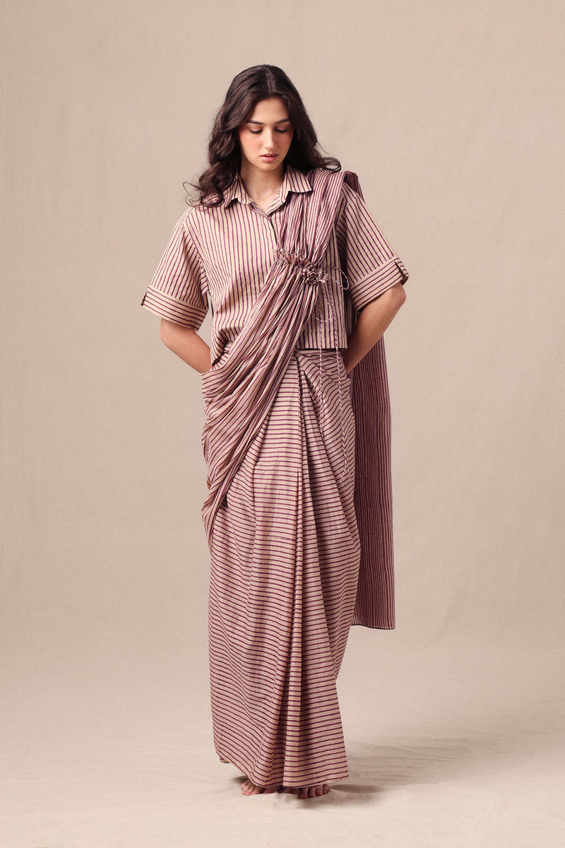 Mauve Striped Ekin Shirt & Drawstring Mul Saree Set (2 PCS) cotton saree by Mati in mauve for women Worldwide