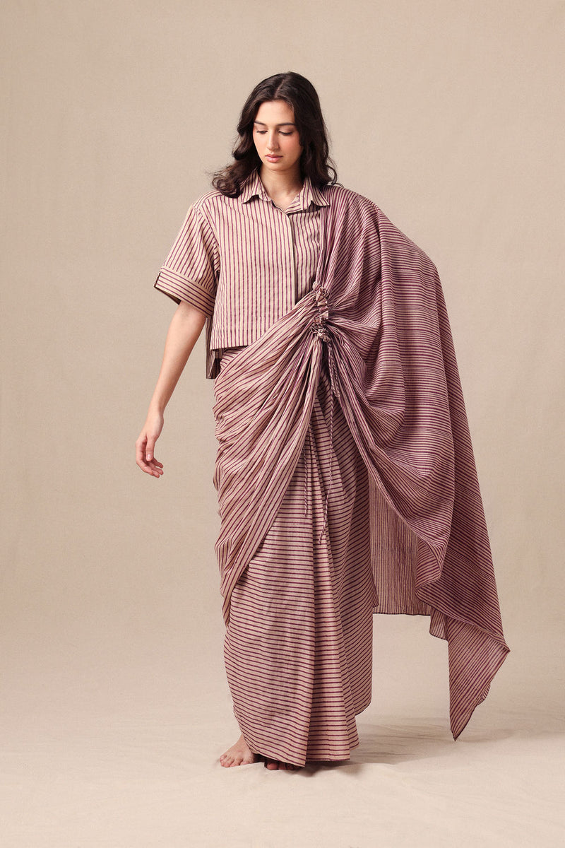 Mauve Striped Ekin Shirt & Drawstring Mul Saree Set (2 PCS) cotton saree by Mati in mauve for women Worldwide