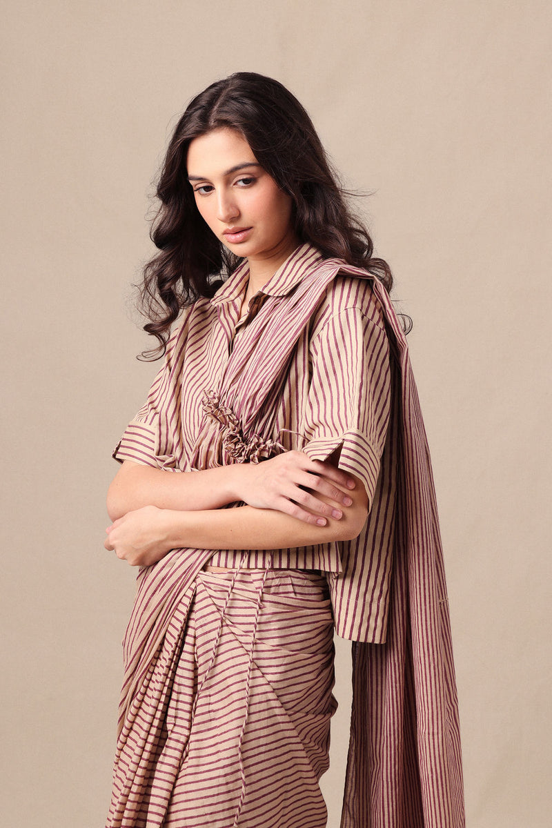 Mauve Striped Ekin Shirt & Drawstring Mul Saree Set (2 PCS) cotton saree by Mati in mauve for women Worldwide