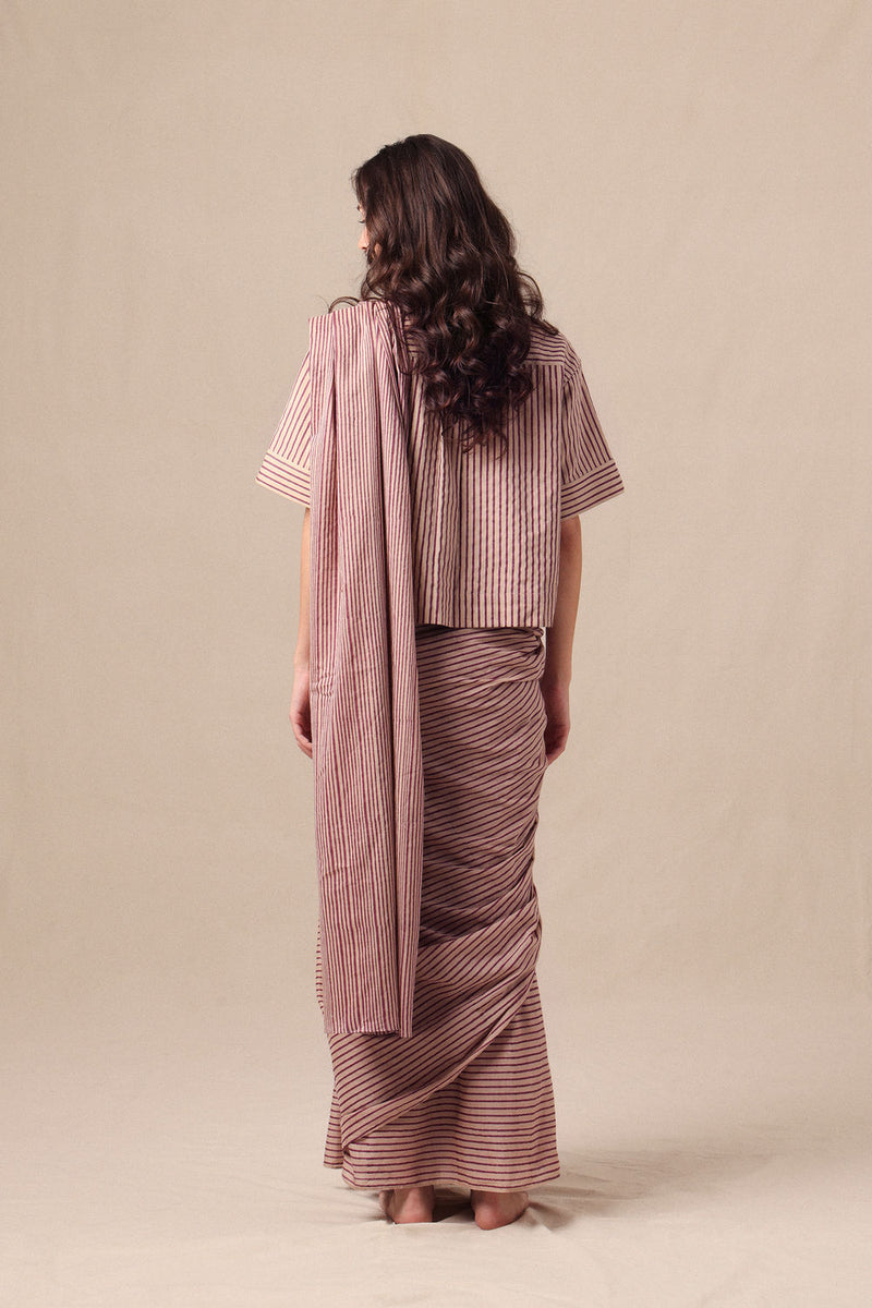 Mauve Striped Ekin Shirt & Drawstring Mul Saree Set (2 PCS) cotton saree by Mati in mauve for women Worldwide