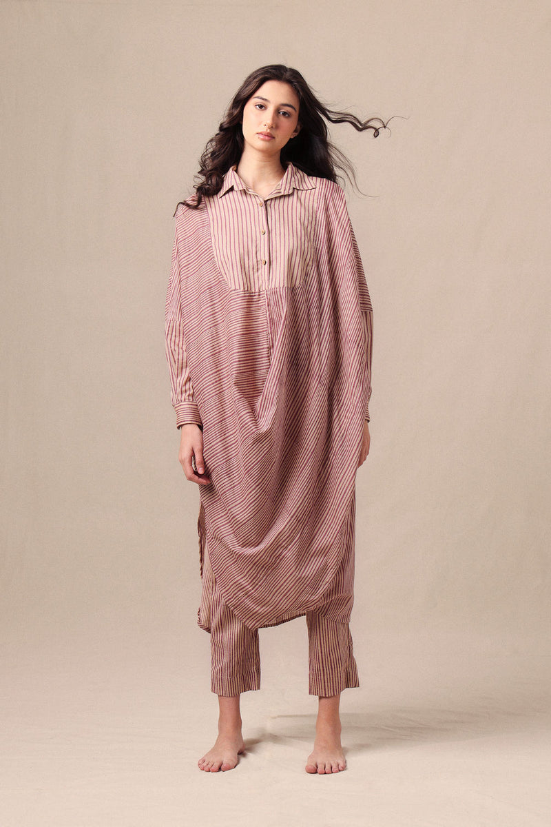 Mauve Striped Shirt Cowl Tunic & SE Pants Co-Ord Set (2 PCS) cotton co-ord set by Mati in mauve for women Worldwide