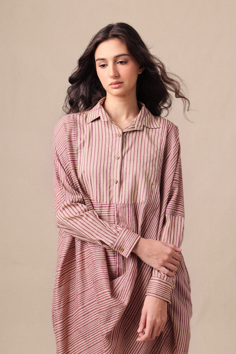 Mauve Striped Shirt Cowl Tunic & SE Pants Co-Ord Set (2 PCS) cotton co-ord set by Mati in mauve for women Worldwide