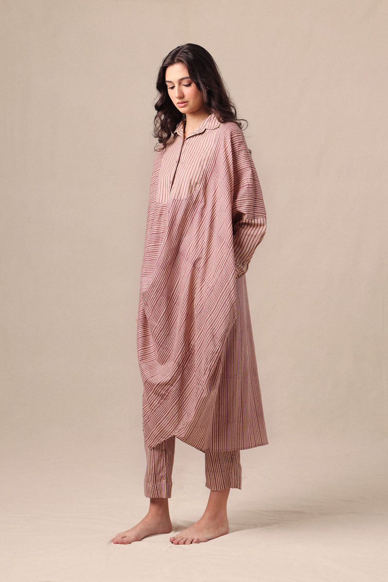 Mauve Striped Shirt Cowl Tunic & SE Pants Co-Ord Set (2 PCS) cotton co-ord set by Mati in mauve for women Worldwide