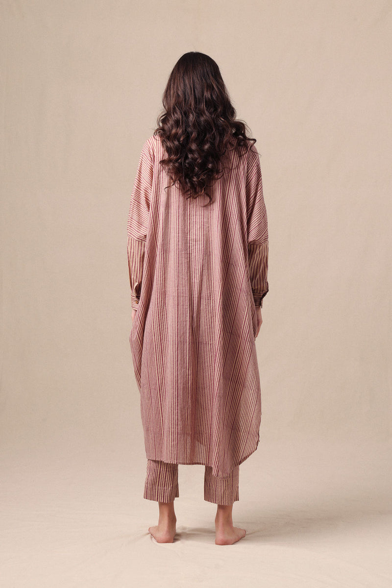 Mauve Striped Shirt Cowl Tunic & SE Pants Co-Ord Set (2 PCS) cotton co-ord set by Mati in mauve for women Worldwide