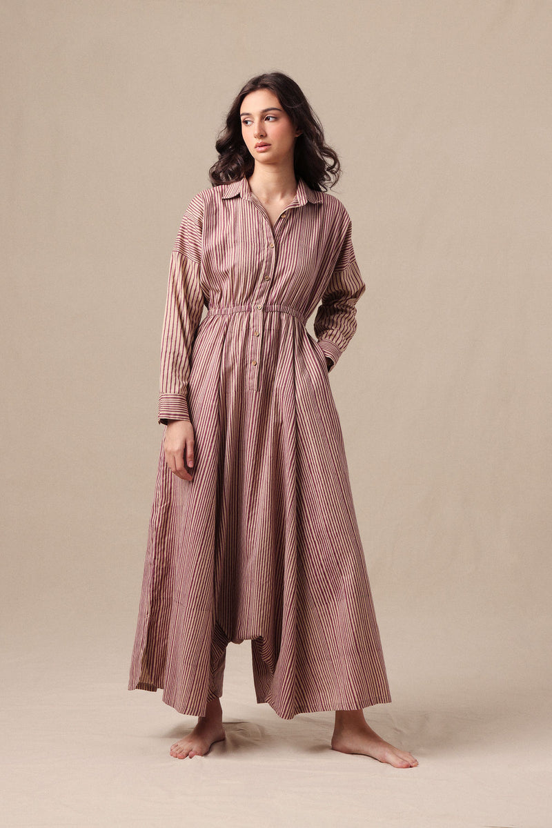 Mauve Striped Shirt Sphara Jumpsuit cotton jumpsuit by Mati in mauve for women Worldwide