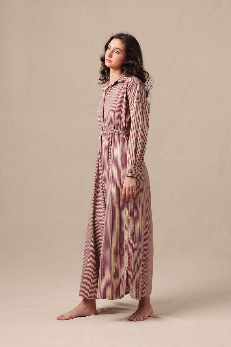 Mauve Striped Shirt Sphara Jumpsuit cotton jumpsuit by Mati in mauve for women Worldwide