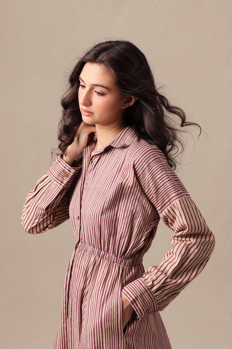 Mauve Striped Shirt Sphara Jumpsuit cotton jumpsuit by Mati in mauve for women Worldwide