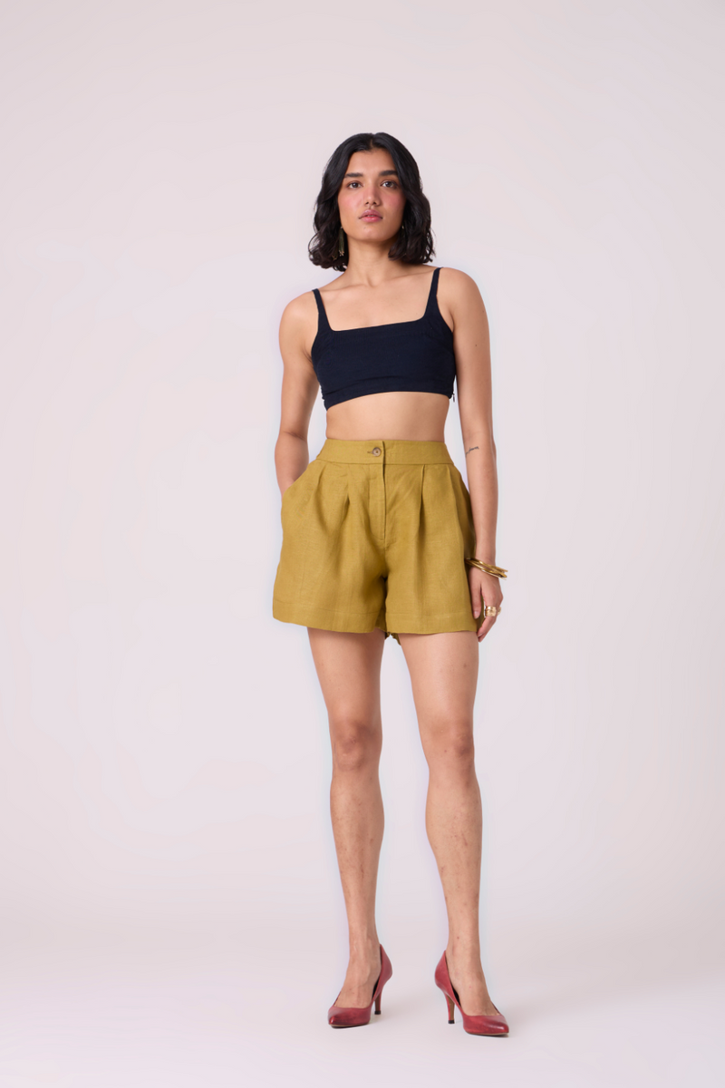 Maxim Olive Linen Shorts all linen by The Summer House in green color for women Worldwide