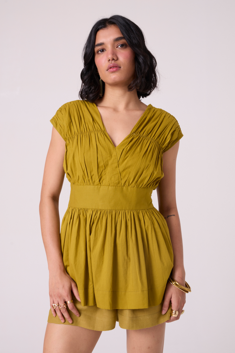 Maxim Olive Linen Shorts all linen by The Summer House in green color for women Worldwide