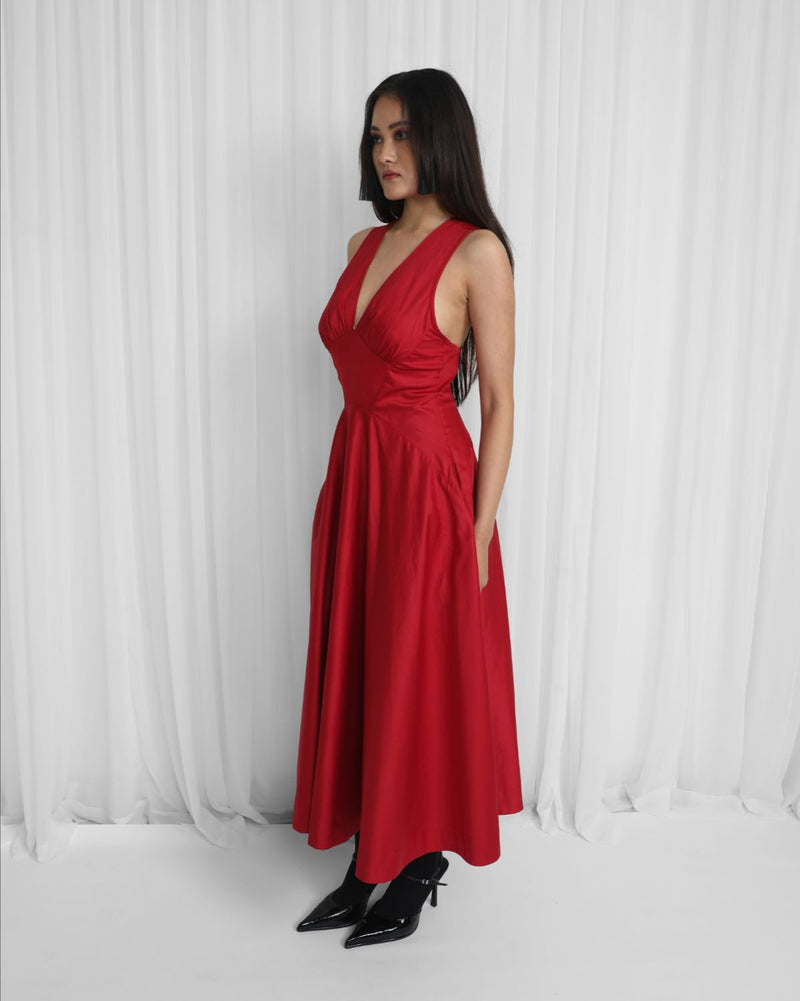 Medora Dress-Red 100% cotton by Leh Studios in red color for women Worldwide