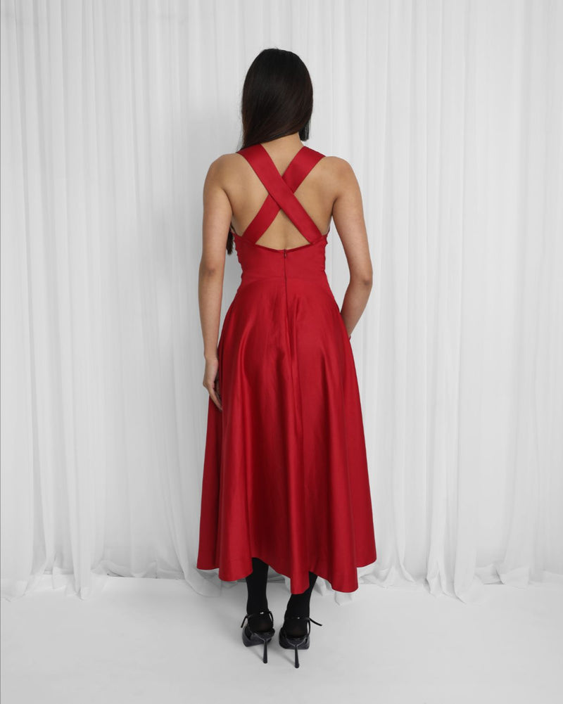 Medora Dress-Red 100% cotton by Leh Studios in red color for women Worldwide