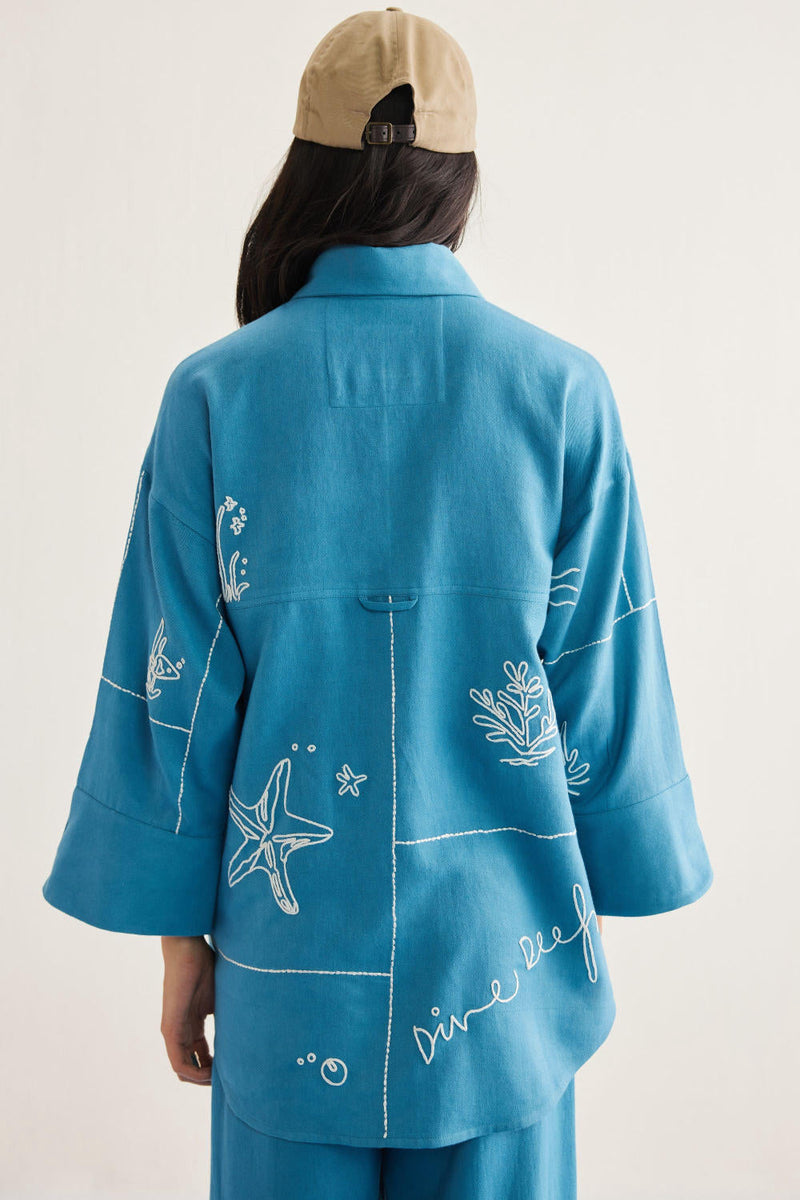 Meet Me By The Sea Handwoven Twill Shirt twill by SUI in blue color for women Worldwide
