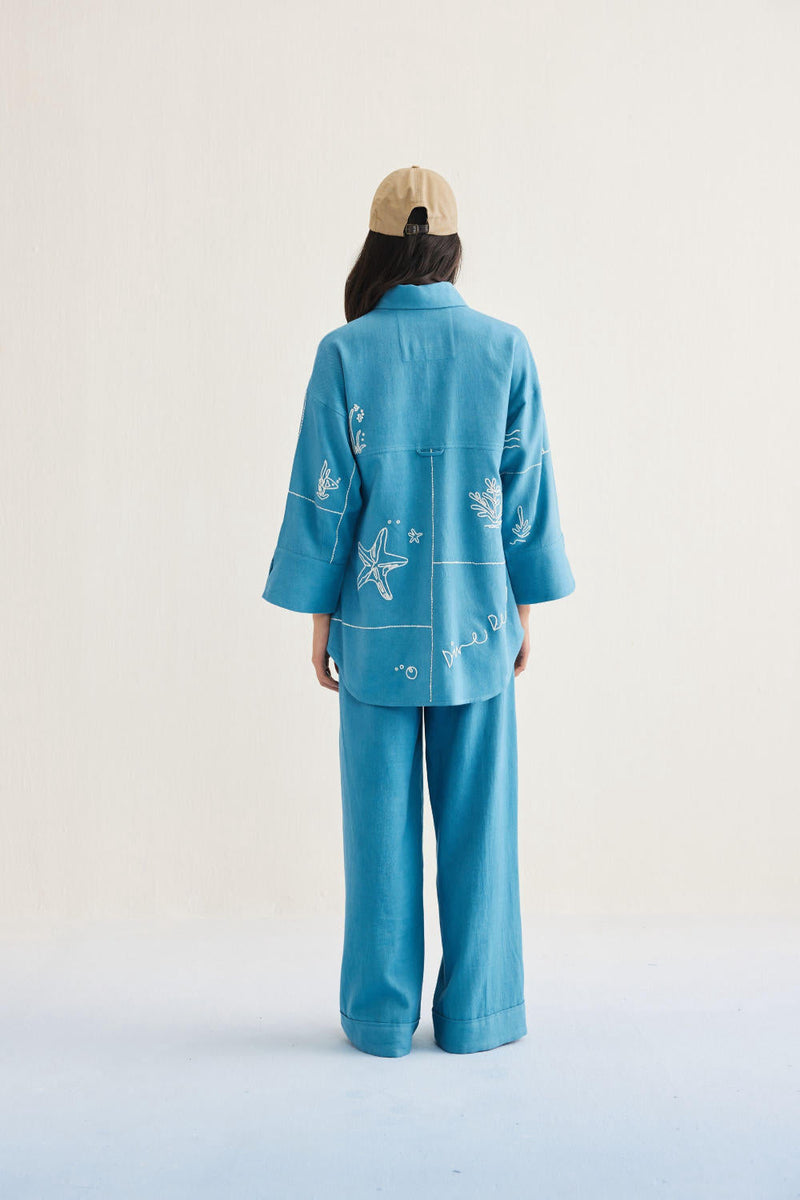 Meet Me By The Sea Handwoven Twill Shirt twill by SUI in blue color for women Worldwide
