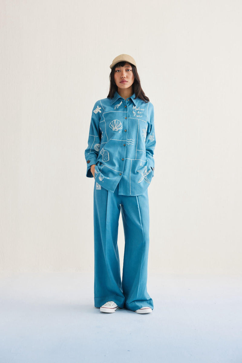 Meet Me By The Sea Handwoven Twill Shirt twill by SUI in blue color for women Worldwide