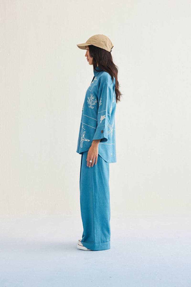 Meet Me By The Sea Handwoven Twill Shirt twill by SUI in blue color for women Worldwide