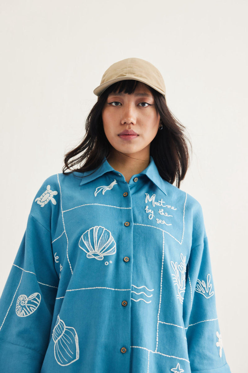 Meet Me By The Sea Handwoven Twill Shirt twill by SUI in blue color for women Worldwide