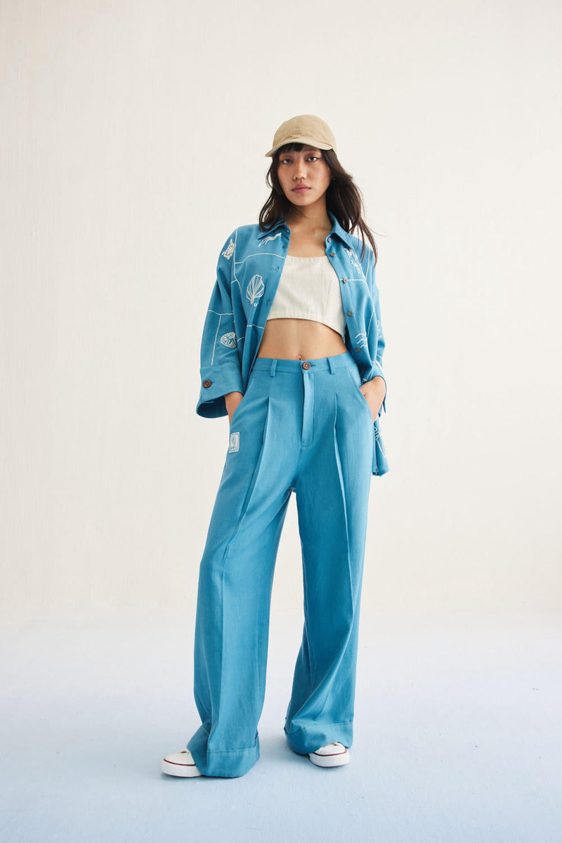 Meet Me By The Sea Handwoven Twill Shirt twill by SUI in blue color for women Worldwide