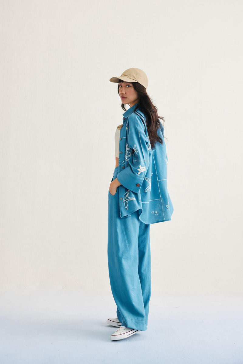 Meet Me By The Sea Handwoven Twill Shirt twill by SUI in blue color for women Worldwide